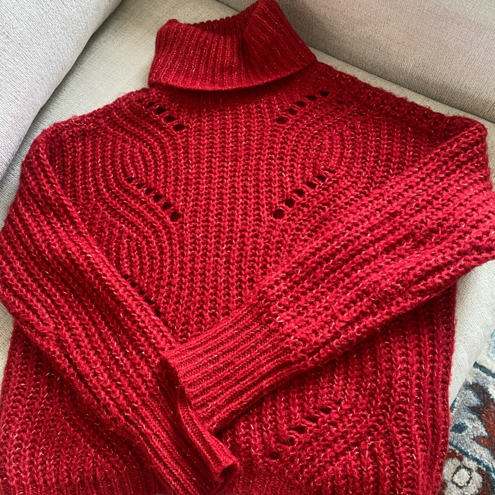 Red Turtleneck Open-Knit Women's Sweater